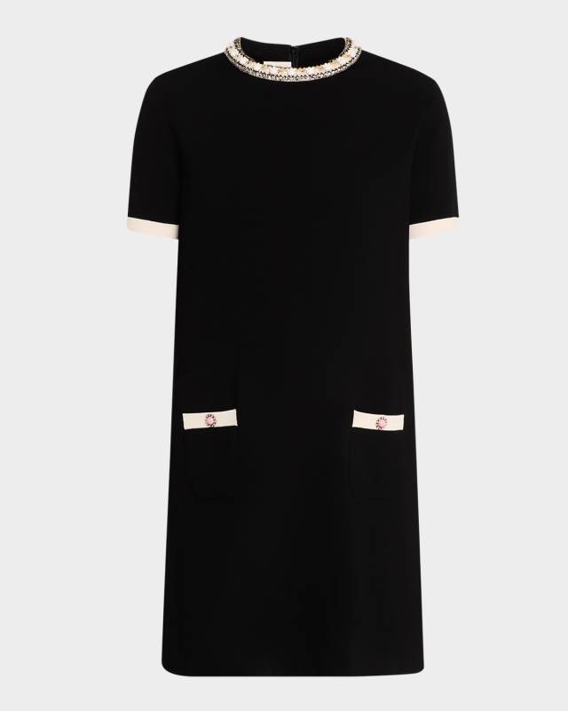 Embroidered Short-Sleeve Knit Mini Dress
